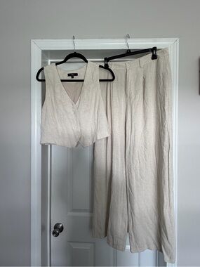 Lulu's Beige Linen-Blend Wide-Leg Pants with Matching Vest